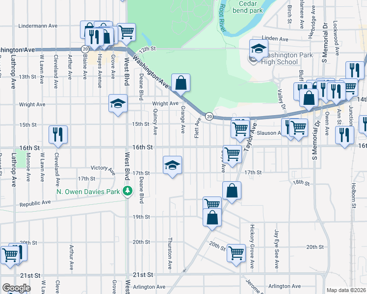 map of restaurants, bars, coffee shops, grocery stores, and more near 2698 16th Street in Racine