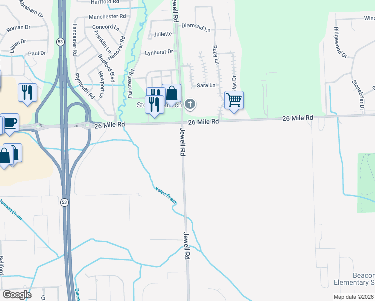 map of restaurants, bars, coffee shops, grocery stores, and more near 56800 Jewell Road in Macomb County