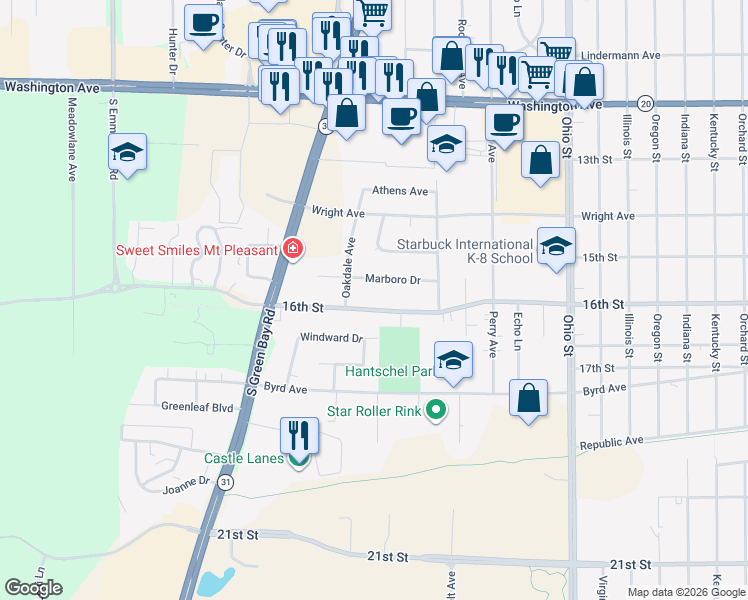 map of restaurants, bars, coffee shops, grocery stores, and more near 5400 16th Street in Racine