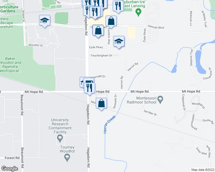 map of restaurants, bars, coffee shops, grocery stores, and more near 2926 Mount Hope Road in Okemos