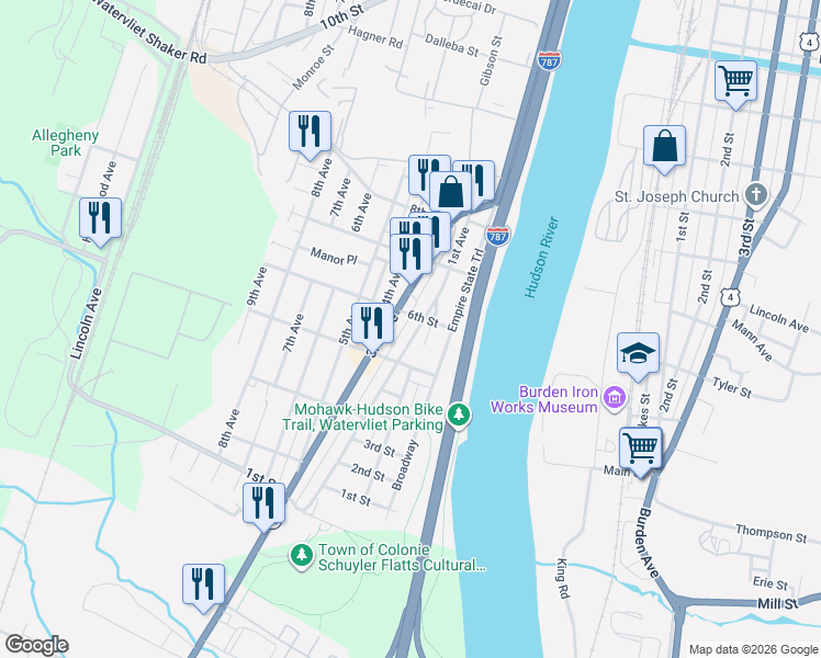 map of restaurants, bars, coffee shops, grocery stores, and more near 521 2nd Avenue in Watervliet