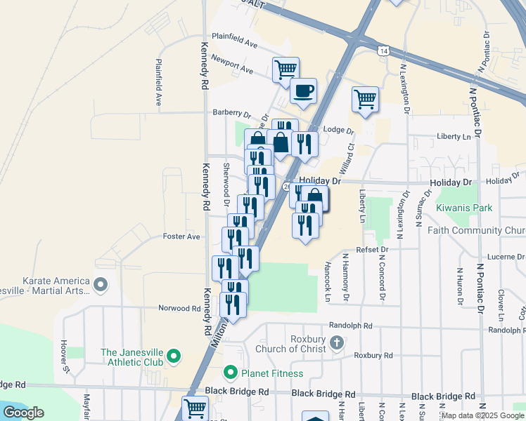 map of restaurants, bars, coffee shops, grocery stores, and more near 2425 Milton Avenue in Janesville