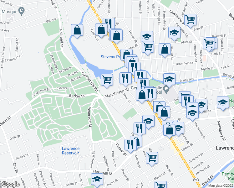map of restaurants, bars, coffee shops, grocery stores, and more near 52 Manchester Street in Lawrence