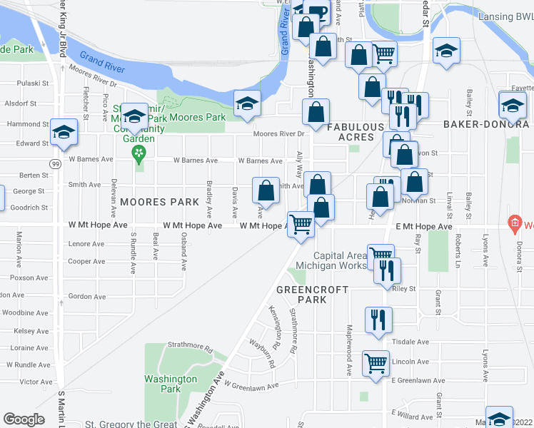 map of restaurants, bars, coffee shops, grocery stores, and more near 236 West Mount Hope Avenue in Lansing