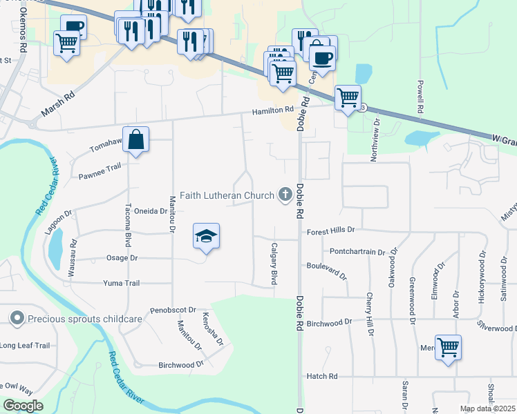map of restaurants, bars, coffee shops, grocery stores, and more near 4520 Seneca Drive in Meridian Charter Township