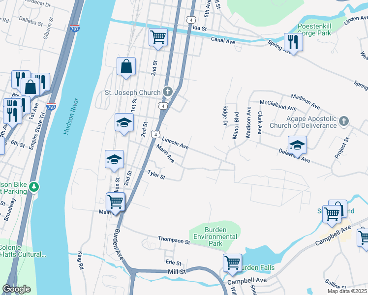 map of restaurants, bars, coffee shops, grocery stores, and more near 43 Lincoln Avenue in Troy