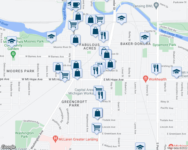map of restaurants, bars, coffee shops, grocery stores, and more near 1814 Herbert Street in Lansing