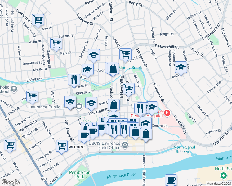 map of restaurants, bars, coffee shops, grocery stores, and more near 38 East Haverhill Street in Lawrence