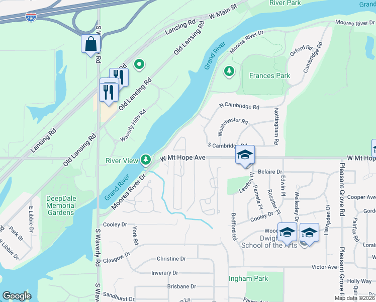 map of restaurants, bars, coffee shops, grocery stores, and more near 3333 Moores River Drive in Lansing