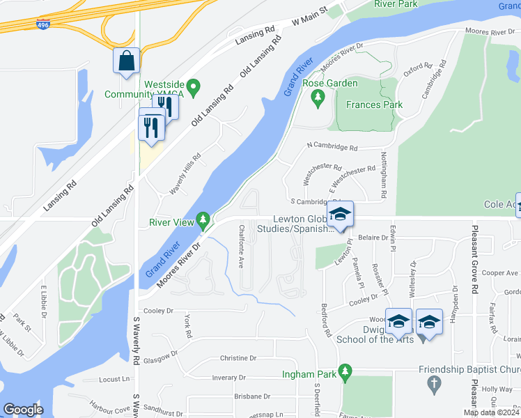 map of restaurants, bars, coffee shops, grocery stores, and more near 3333 Moores River Drive in Lansing