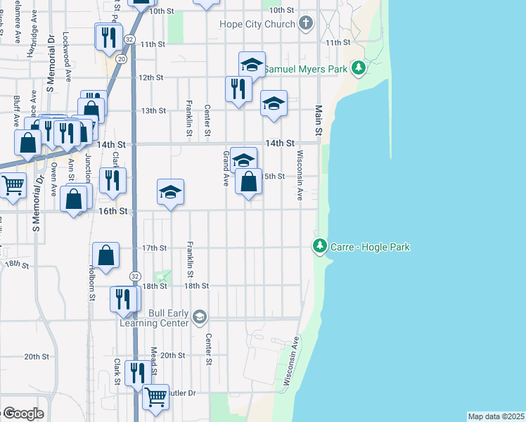 map of restaurants, bars, coffee shops, grocery stores, and more near in Racine