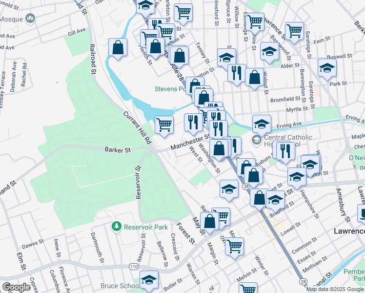 map of restaurants, bars, coffee shops, grocery stores, and more near 50 Manchester Street in Lawrence