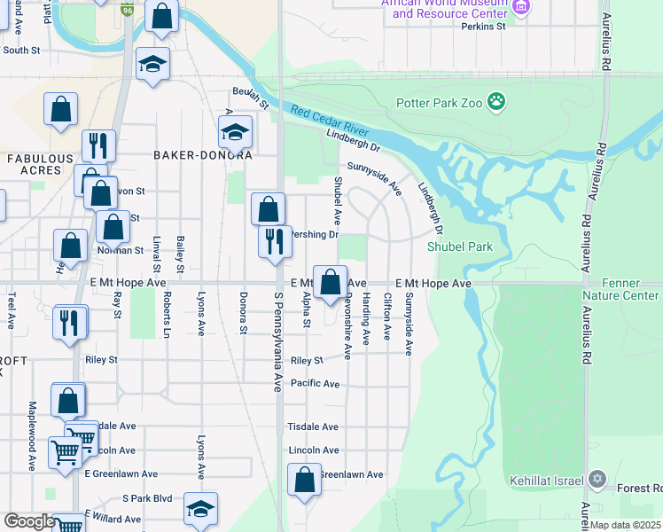 map of restaurants, bars, coffee shops, grocery stores, and more near 1812 Shubel Avenue in Lansing