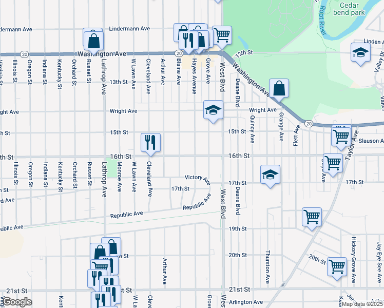 map of restaurants, bars, coffee shops, grocery stores, and more near 1546 Hayes Avenue in Racine