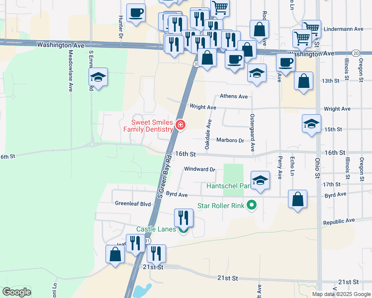 map of restaurants, bars, coffee shops, grocery stores, and more near 5632 16th Street in Racine