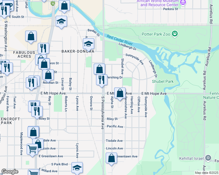 map of restaurants, bars, coffee shops, grocery stores, and more near 1812 Alpha Street in Lansing