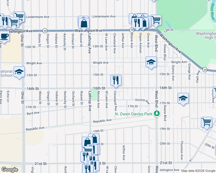 map of restaurants, bars, coffee shops, grocery stores, and more near 3624 16th Street in Racine