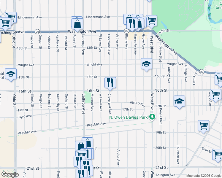 map of restaurants, bars, coffee shops, grocery stores, and more near 1547 Cleveland Avenue in Racine
