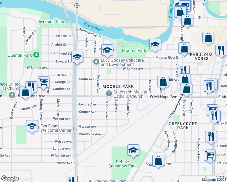 map of restaurants, bars, coffee shops, grocery stores, and more near 1834 Beal Avenue in Lansing