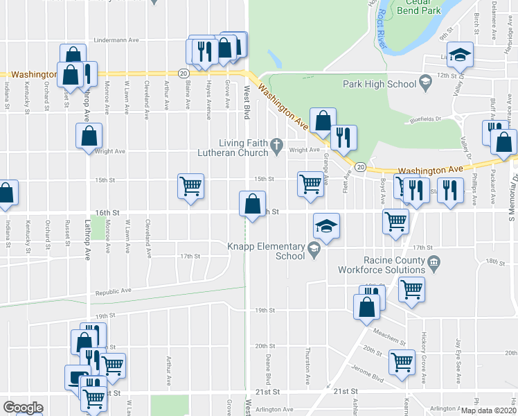 map of restaurants, bars, coffee shops, grocery stores, and more near 3010 16th Street in Racine