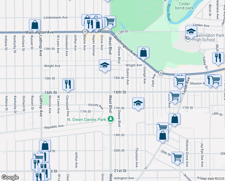 map of restaurants, bars, coffee shops, grocery stores, and more near 1545 West Boulevard in Racine
