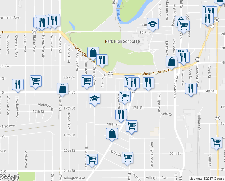 map of restaurants, bars, coffee shops, grocery stores, and more near 1561 Holmes Avenue in Racine