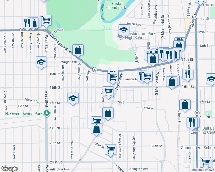 map of restaurants, bars, coffee shops, grocery stores, and more near 2310 16th Street in Racine