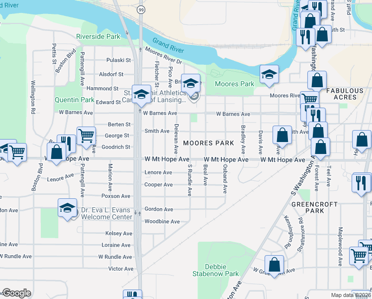 map of restaurants, bars, coffee shops, grocery stores, and more near 1839 Delevan Avenue in Lansing