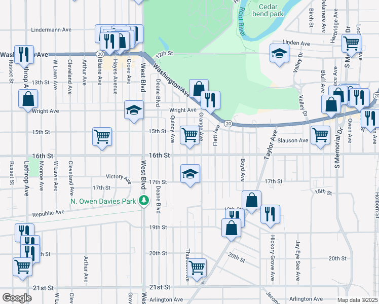 map of restaurants, bars, coffee shops, grocery stores, and more near 2722 16th Street in Racine