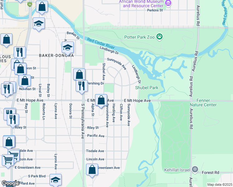 map of restaurants, bars, coffee shops, grocery stores, and more near 1811 Harding Avenue in Lansing