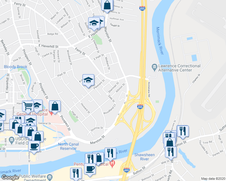map of restaurants, bars, coffee shops, grocery stores, and more near 18 Sherman Street in Lawrence