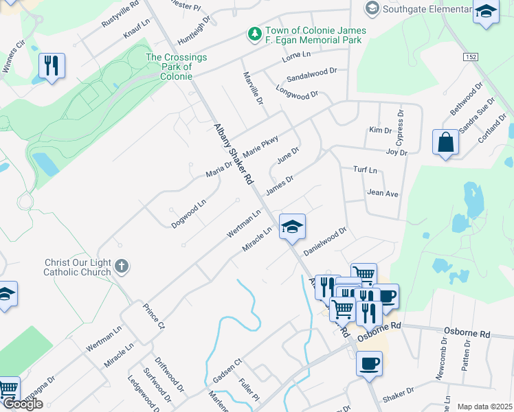 map of restaurants, bars, coffee shops, grocery stores, and more near 532 Albany Shaker Road in Albany
