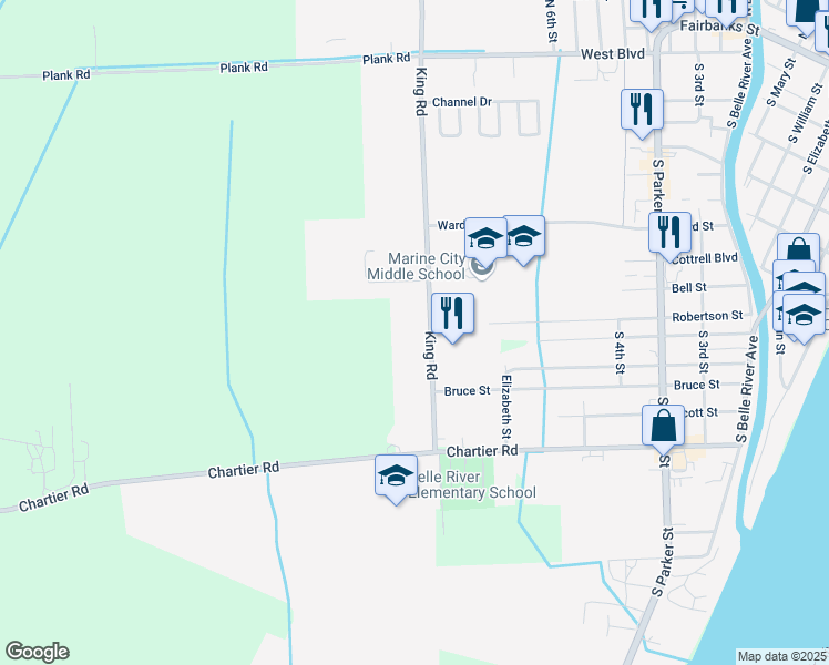 map of restaurants, bars, coffee shops, grocery stores, and more near 6550 King Road in Marine City