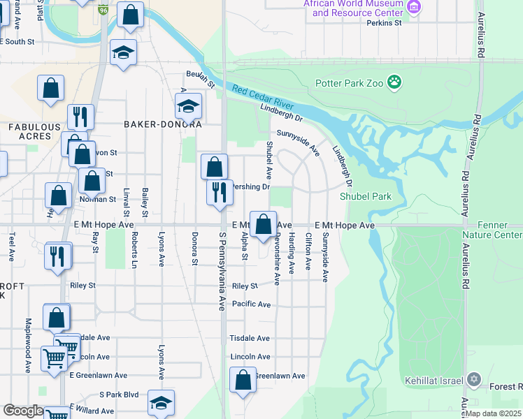 map of restaurants, bars, coffee shops, grocery stores, and more near 1812 Shubel Avenue in Lansing