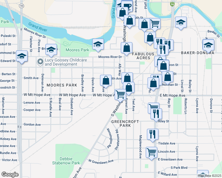 map of restaurants, bars, coffee shops, grocery stores, and more near 236 West Mount Hope Avenue in Lansing