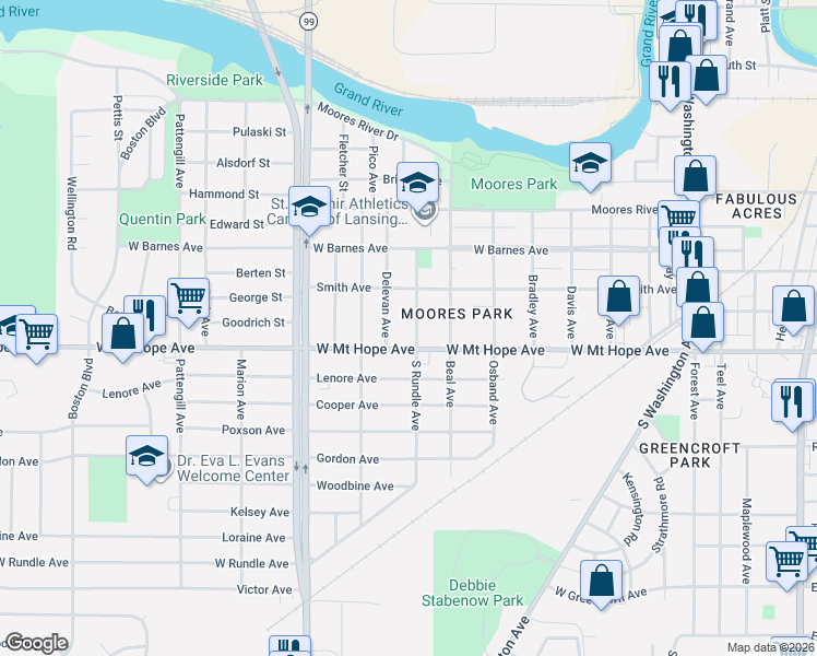 map of restaurants, bars, coffee shops, grocery stores, and more near 1839 Delevan Avenue in Lansing