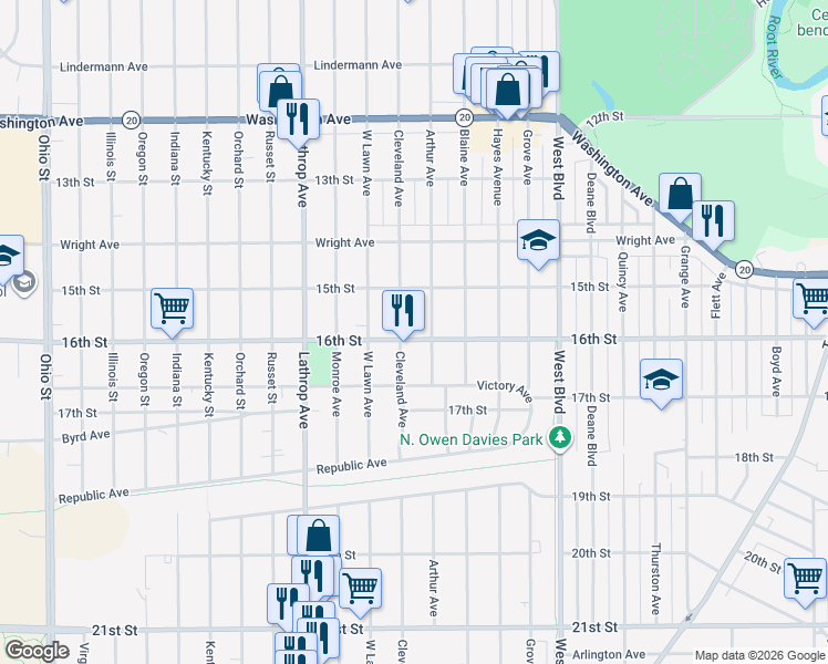 map of restaurants, bars, coffee shops, grocery stores, and more near 1547 Cleveland Avenue in Racine