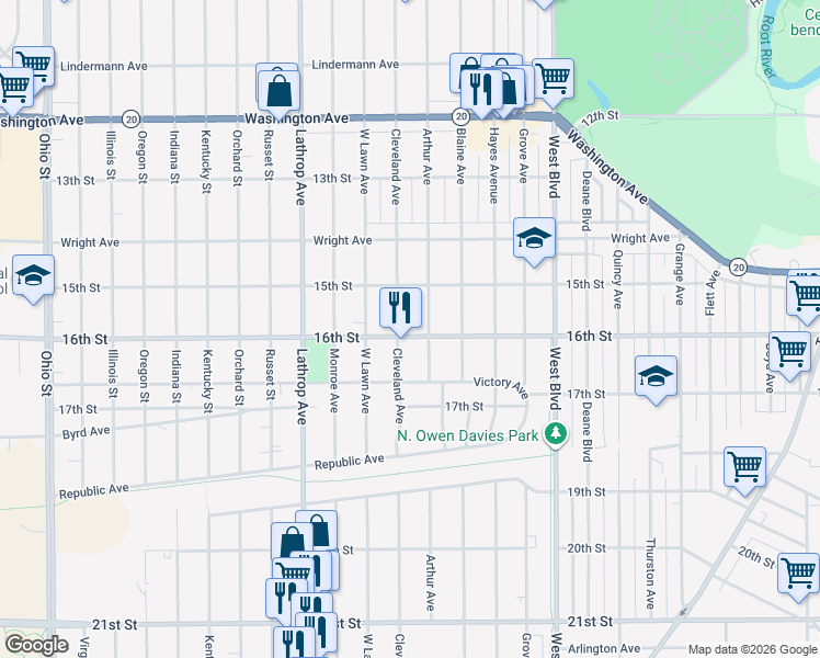 map of restaurants, bars, coffee shops, grocery stores, and more near 1547 Cleveland Avenue in Racine