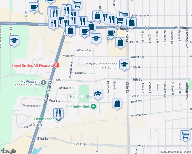 map of restaurants, bars, coffee shops, grocery stores, and more near 1549 Ostergaard Avenue in Racine