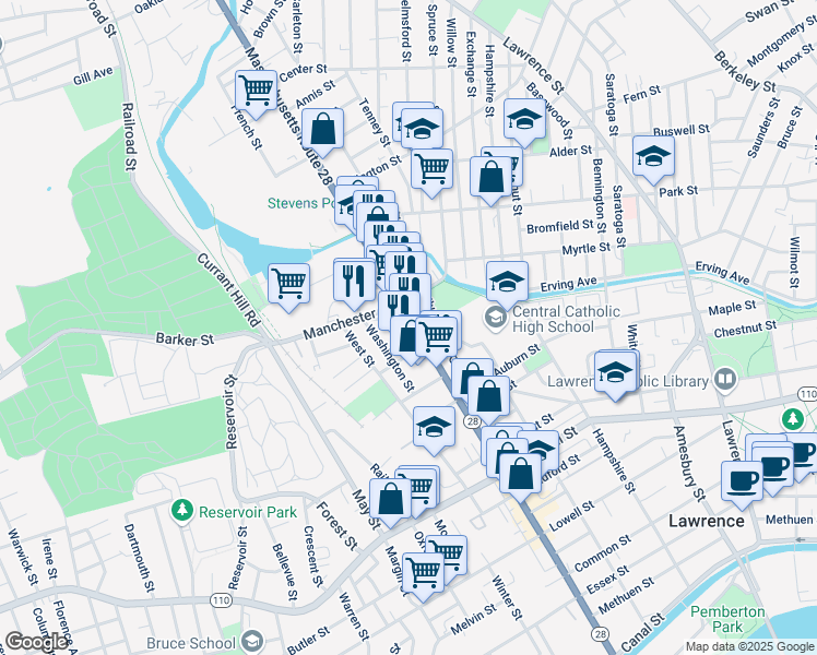 map of restaurants, bars, coffee shops, grocery stores, and more near 398 Broadway in Lawrence