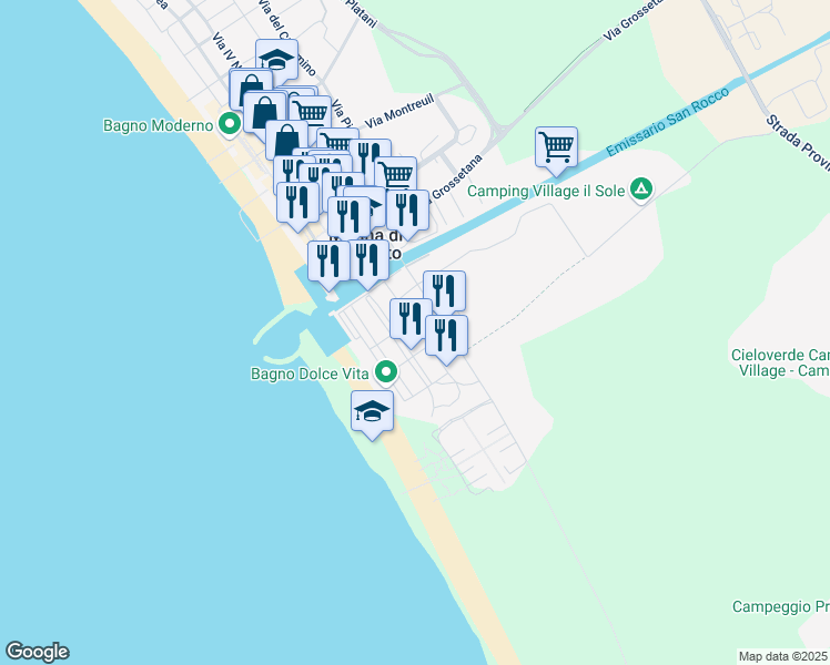 map of restaurants, bars, coffee shops, grocery stores, and more near 33 Via Giuseppe Parini in Marina di Grosseto