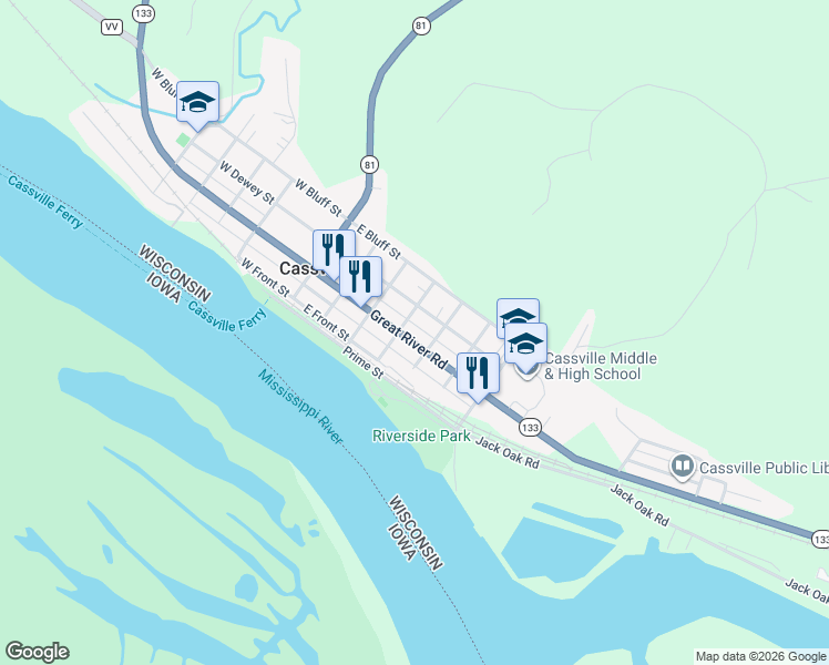 map of restaurants, bars, coffee shops, grocery stores, and more near 409 East Amelia Street in Cassville