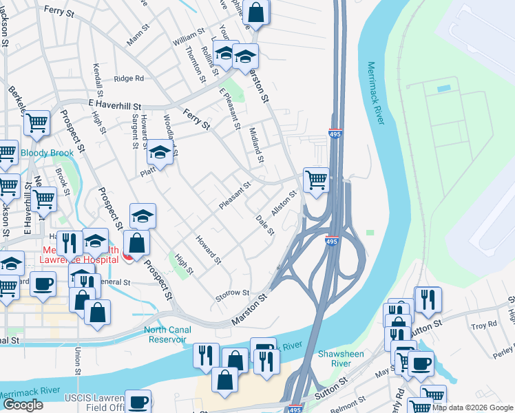map of restaurants, bars, coffee shops, grocery stores, and more near 18 Sherman Street in Lawrence