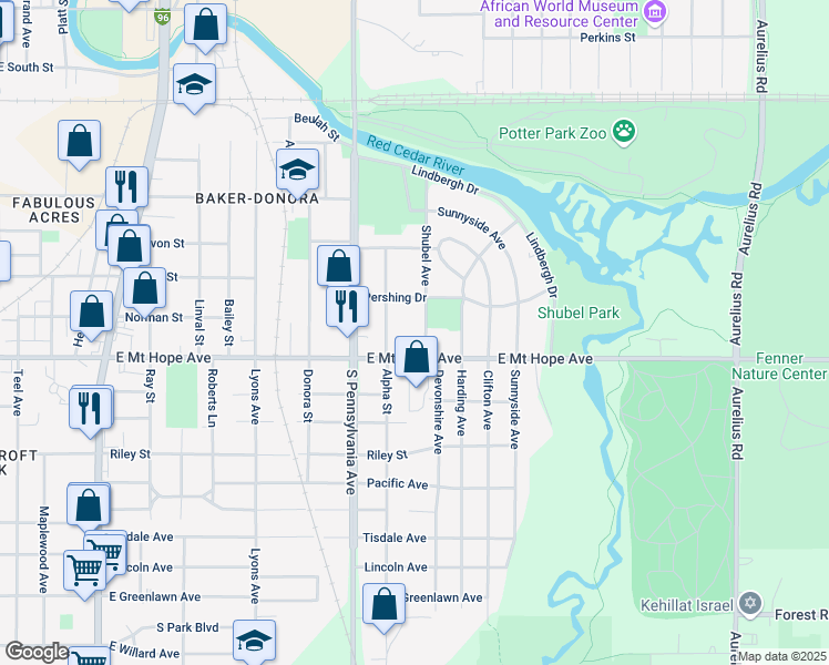 map of restaurants, bars, coffee shops, grocery stores, and more near 1812 Shubel Avenue in Lansing
