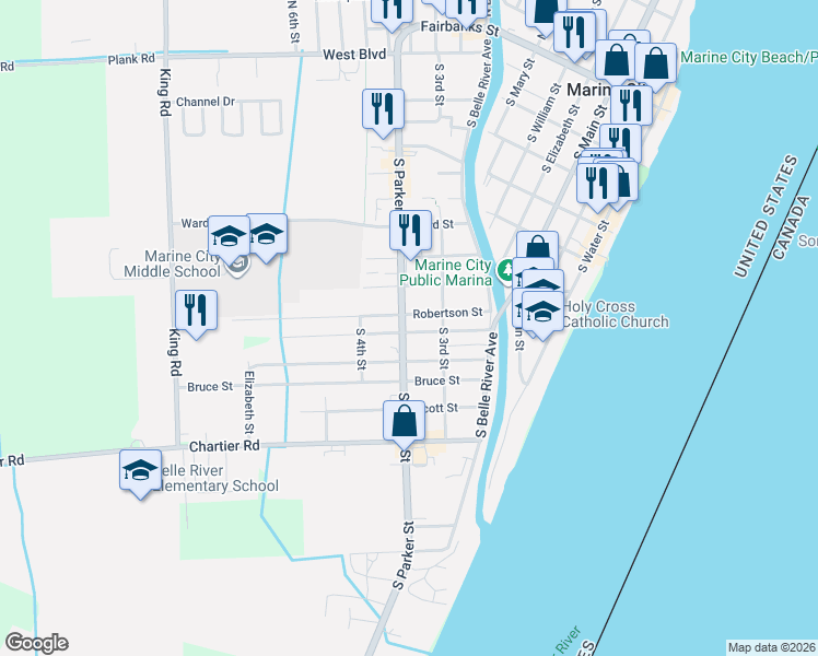 map of restaurants, bars, coffee shops, grocery stores, and more near 428 Brown Street in Marine City