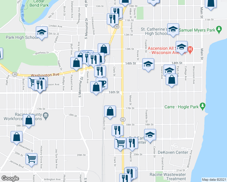 map of restaurants, bars, coffee shops, grocery stores, and more near 1300 16th Street in Racine