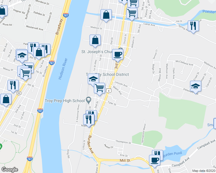 map of restaurants, bars, coffee shops, grocery stores, and more near 559 4th Street in Troy