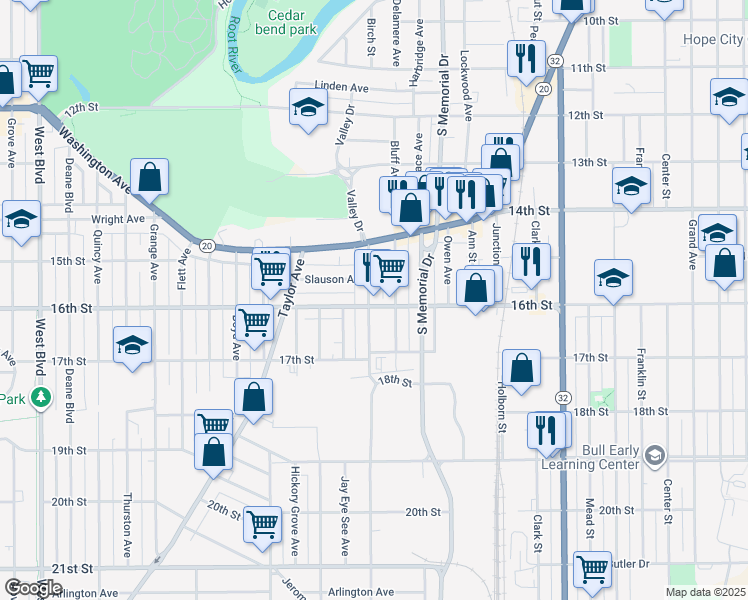 map of restaurants, bars, coffee shops, grocery stores, and more near 1553 Phillips Avenue in Racine