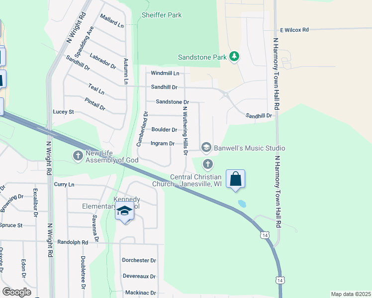 map of restaurants, bars, coffee shops, grocery stores, and more near 2524 N Wuthering Hills Dr in Janesville