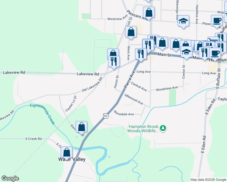 map of restaurants, bars, coffee shops, grocery stores, and more near 93 Huron Street in Hamburg